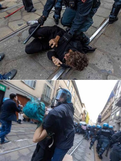 Immagini della pesante repressione contro i manifestanti intrappolati in via Broletto